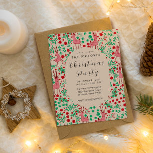 Vintage Whimsical Pink Reindeer, Christmas Pattern Invitation