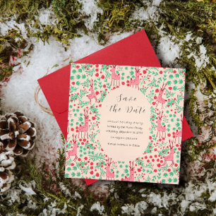 Vintage Whimsical Pink Reindeer, Christmas Pattern Save The Date