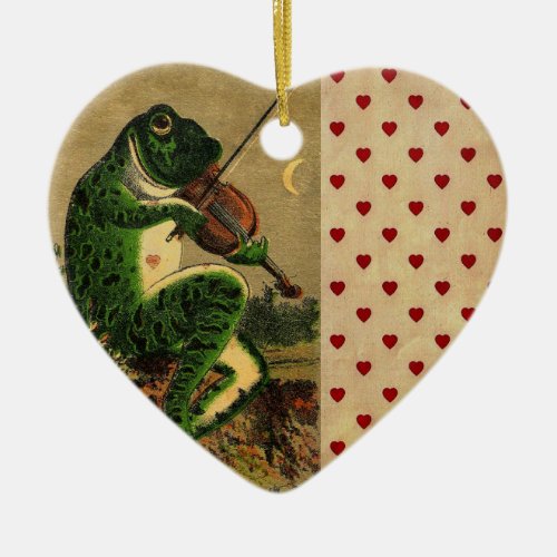 Vintage Whimsical Romantic Frog with Violin Ceramic Ornament