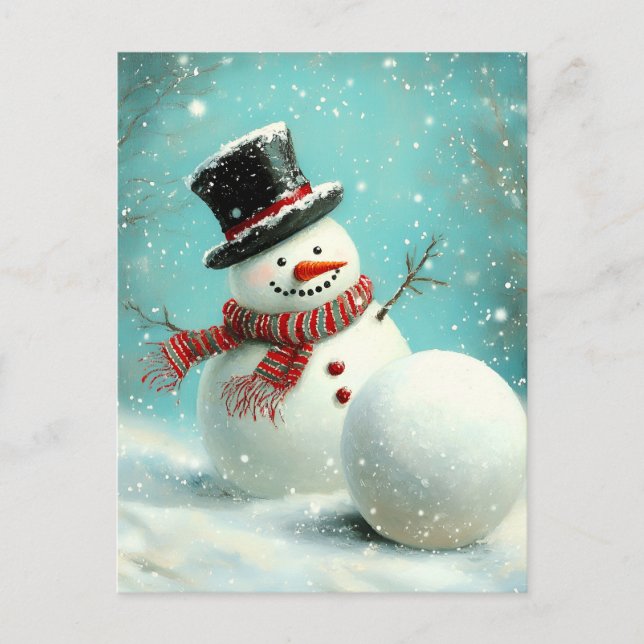 Vintage Whimsical Winter Snowman Joy Holiday Postcard (Front)