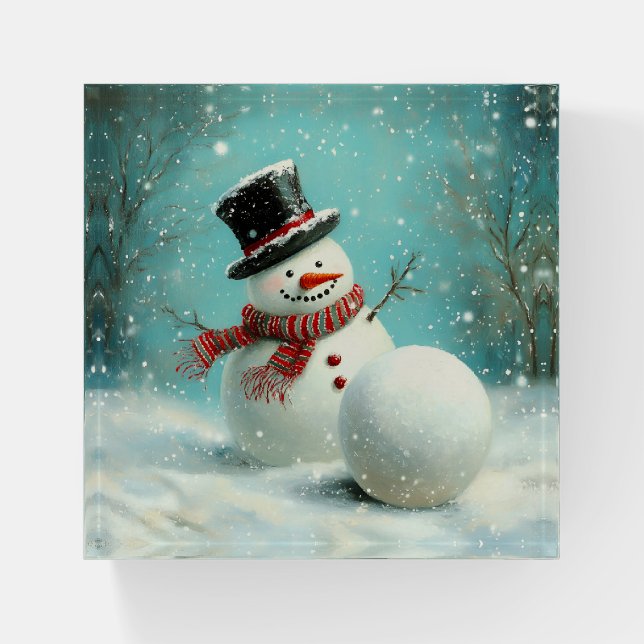 Vintage Whimsical Winter Snowman Joy Paperweight (Front)