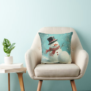 Vintage Whimsical Winter Snowman Joy Throw Pillow