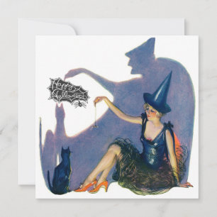 Vintage Whimsical Witch & Cat Halloween Party Invitation