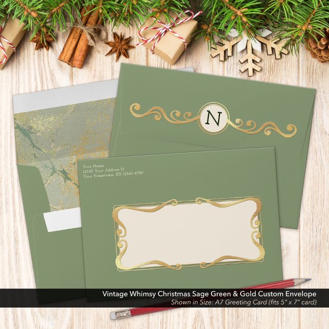 Vintage Whimsy Christmas Sage Green & Gold Custom Envelope (Vintage Whimsy Holiday Sage Green & Gold Envelopes, Customized with Your Return Address & Initial)