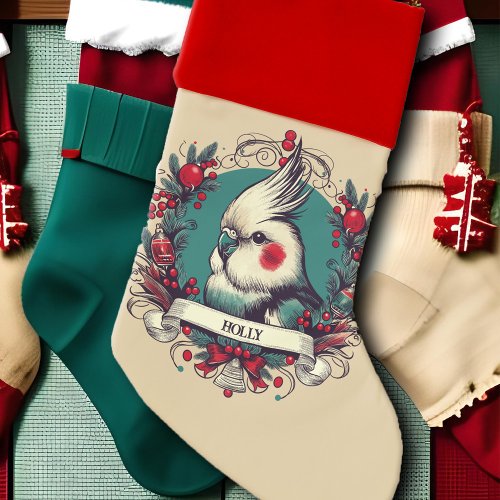 Vintage Whimsy Cockatiel Pet Bird Name Holiday Christmas Stocking