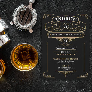 Vintage Whisky Black Birthday Invitation