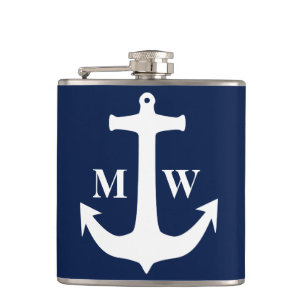 Vintage White Anchor Navy Blue Background Wedding Hip Flask