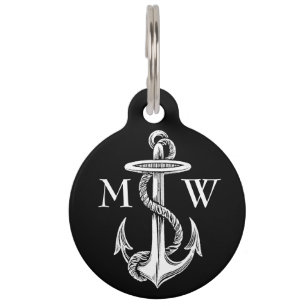 Vintage White Anchor Rope Black with Contact Info Pet Name Tag