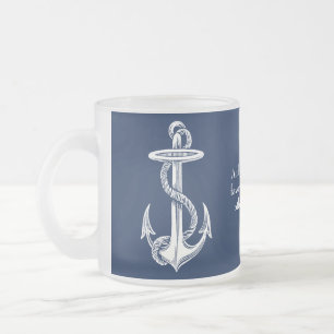 Vintage White Anchor Rope Navy Blue Background Frosted Glass Coffee Mug