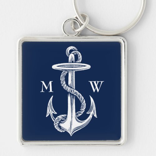 Vintage White Anchor Rope Navy Blue Background Keychain