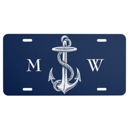 Vintage White Anchor Rope Navy Blue Background License Plate