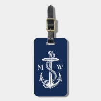 Vintage White Anchor Rope Navy Blue Background Luggage Tag