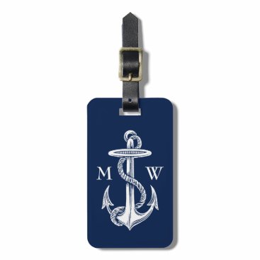 Vintage White Anchor Rope Navy Blue Background Luggage Tag Vintage White Anchor Rope Navy Blue Background Luggage Tag