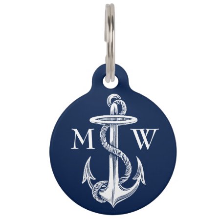 Vintage White Anchor Rope Navy Blue Background Pet Tag