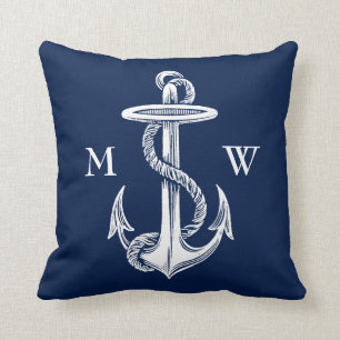 Vintage White Anchor Rope Navy Blue Background Throw Pillow