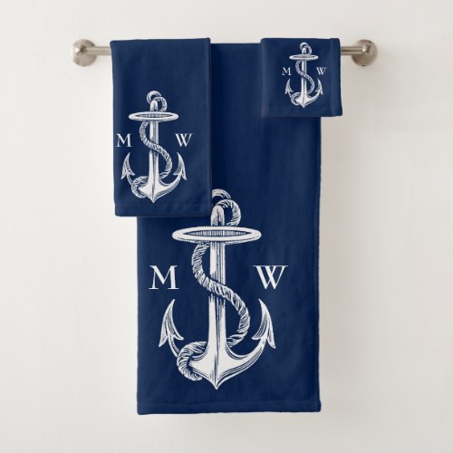 Vintage White Anchor Rope Navy Blue Monogram Bath Towel Set