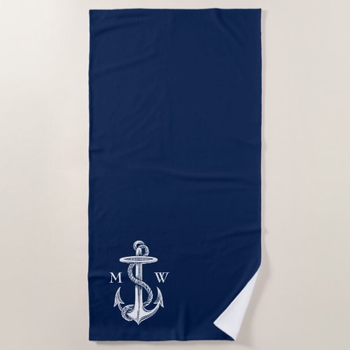 Vintage White Anchor Rope Navy Blue Monogram Beach Towel