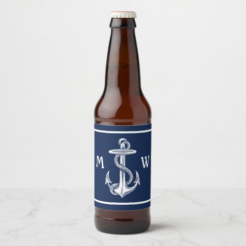 Vintage White Anchor Rope Navy Blue Monogram Beer Bottle Label