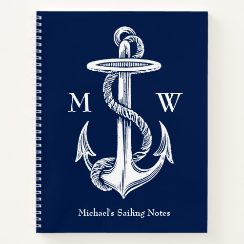 Vintage White Anchor Rope Navy Blue Monogram Notebook