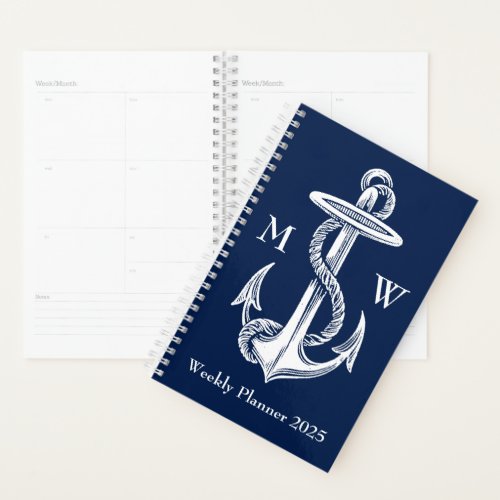 Vintage White Anchor Rope Navy Blue Monogram Planner