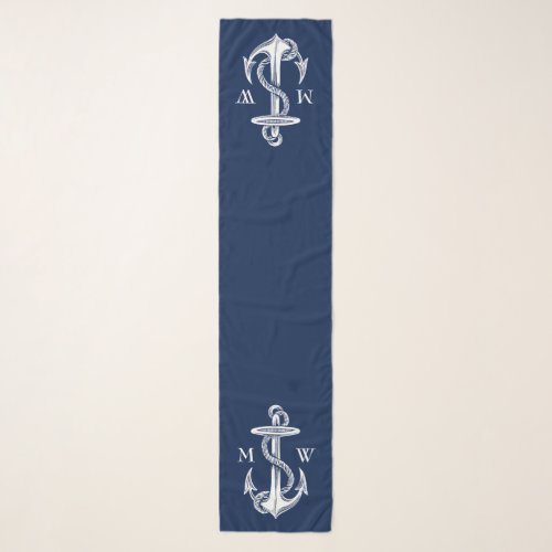 Vintage White Anchor Rope Navy Blue Monogram Scarf