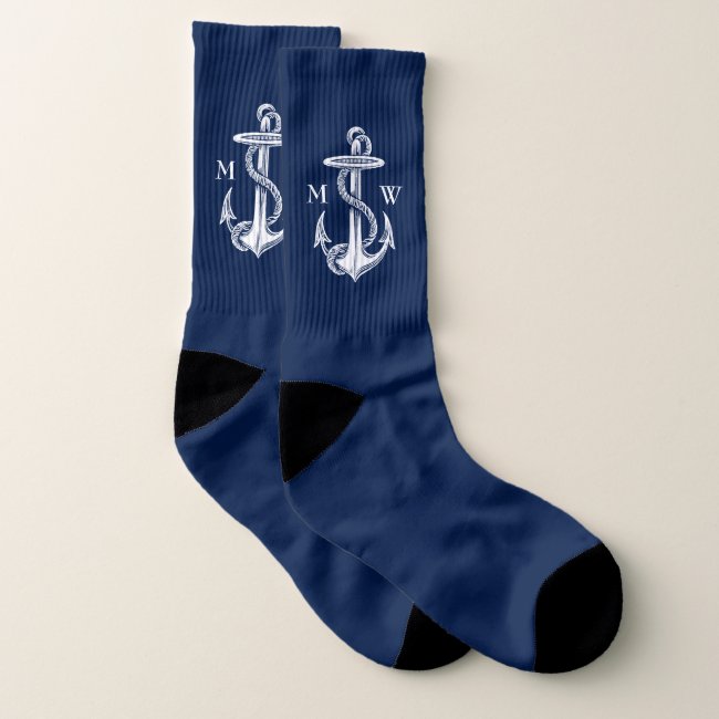 Vintage White Anchor Rope Navy Blue Monogram Socks