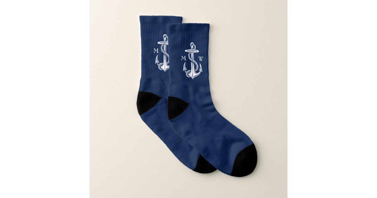 Vintage White Anchor Rope Navy Blue Monogram Socks