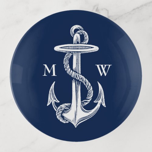 Vintage White Anchor Rope Navy Blue Monogram Trinket Tray