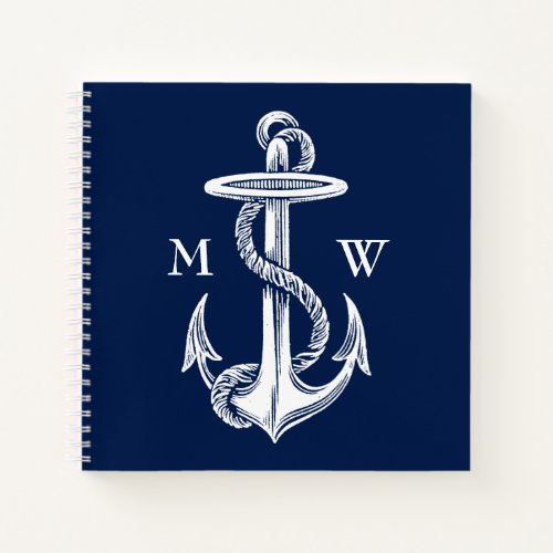 Vintage White Anchor Rope Navy Blue Monogrammed Notebook