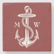 Vintage White Anchor Rope Wine Red Nautical Stone Coaster