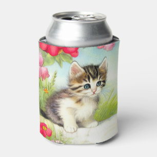 Vintage White and Brown Kitten with Flowers Can Cooler