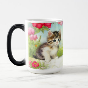 Vintage White and Brown Kitten with Flowers Color Morph Mug