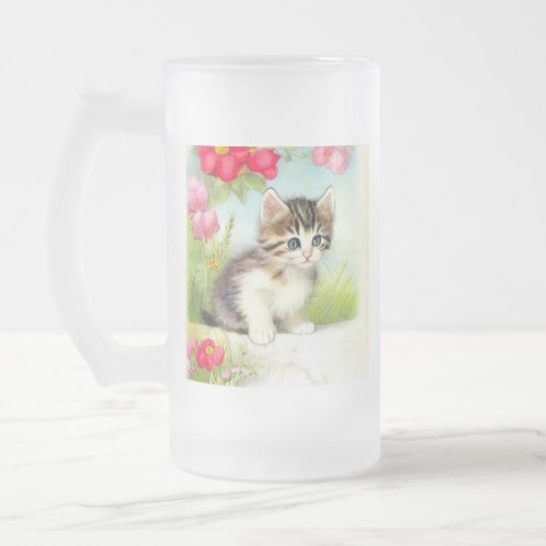 Vintage White and Brown Kitten with Flowers Frosted Glass Beer Mug