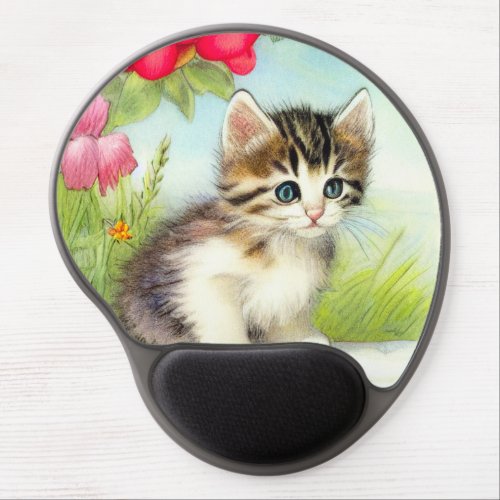 Vintage White and Brown Kitten with Flowers Gel Mouse Pad