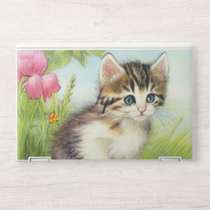 Vintage White and Brown Kitten with Flowers HP Laptop Skin