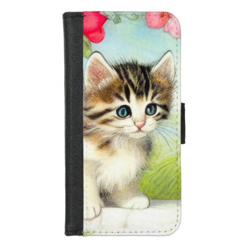 Vintage White and Brown Kitten with Flowers iPhone 87 Wallet Case