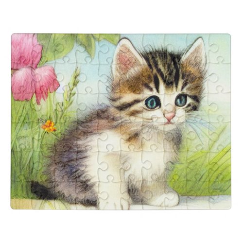 Vintage White and Brown Kitten with Flowers Jigsaw Puzzle