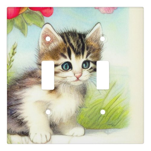 Vintage White and Brown Kitten with Flowers Light Switch Cover