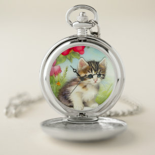 Vintage White and Brown Kitten with Flowers Pocket Watch
