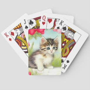 Vintage White and Brown Kitten with Flowers Poker Cards