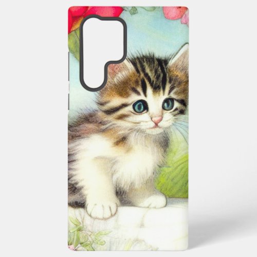 Vintage White and Brown Kitten with Flowers Samsung Galaxy S22 Ultra Case