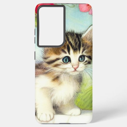 Vintage White and Brown Kitten with Flowers Samsung Galaxy S21 Ultra Case