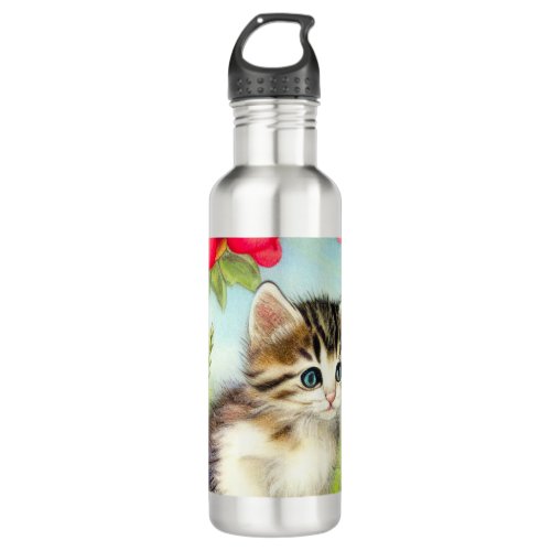 Vintage White and Brown Kitten with Flowers Stainless Steel Water Bottle