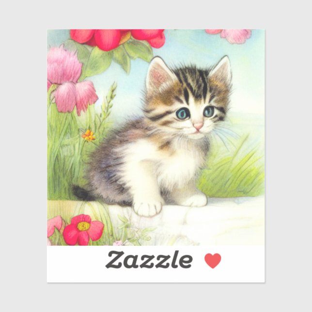 Vintage White and Brown Kitten with Flowers Sticker (Sheet)
