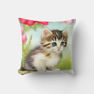 Vintage White and Brown Kitten with Flowers Throw Pillow
