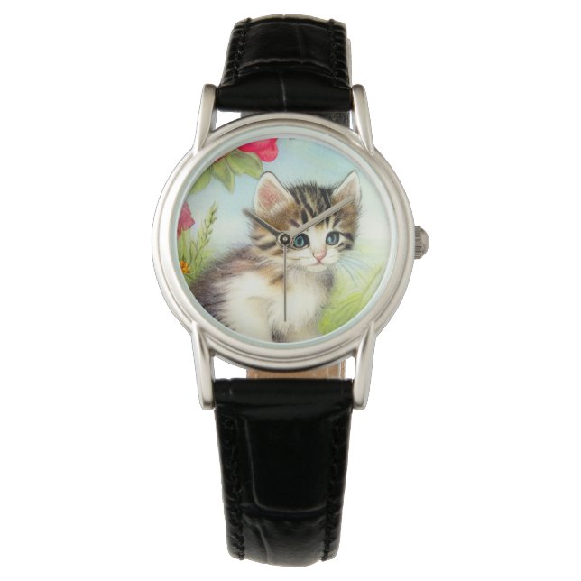 Vintage White and Brown Kitten with Flowers Watch (Front)