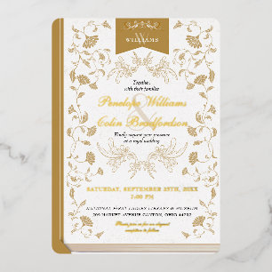 Vintage White and Gold Floral Book Cover Wedding Foil Invitation