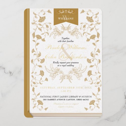 Vintage White and Gold Floral Book Cover Wedding Foil Invitation