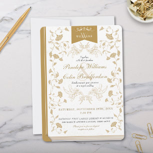 Vintage White and Gold Floral Book Cover Wedding Invitation