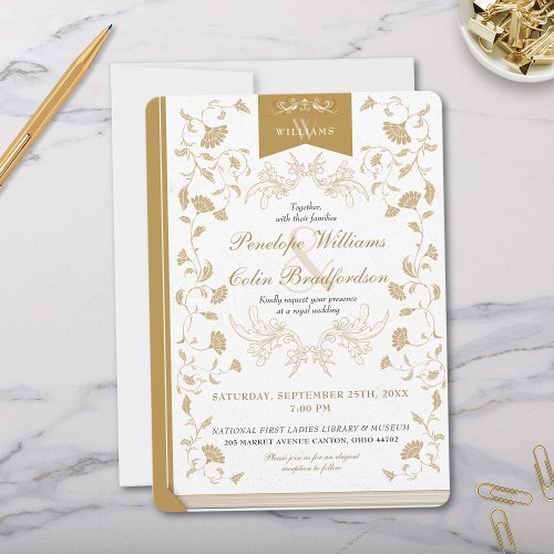 Vintage White and Gold Floral Book Cover Wedding Invitation
